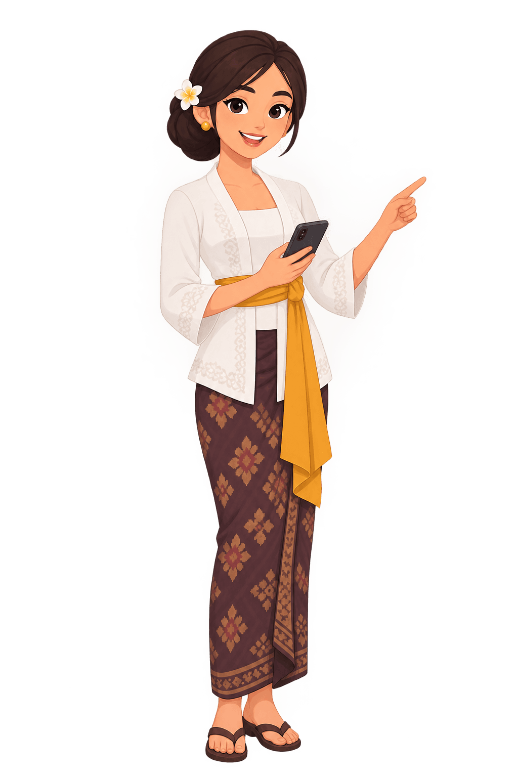 An illustrated Balinese woman holding a phone and pointing the way.