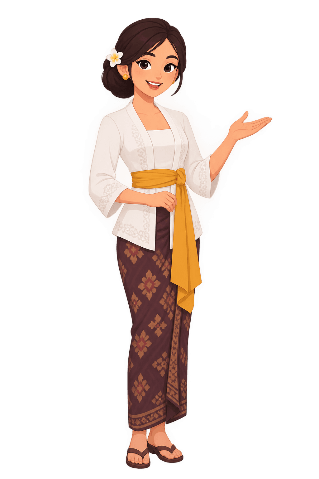 An illustrated Balinese woman in a white kebaya and gold sash, smiling and gesturing as if introducing something.
