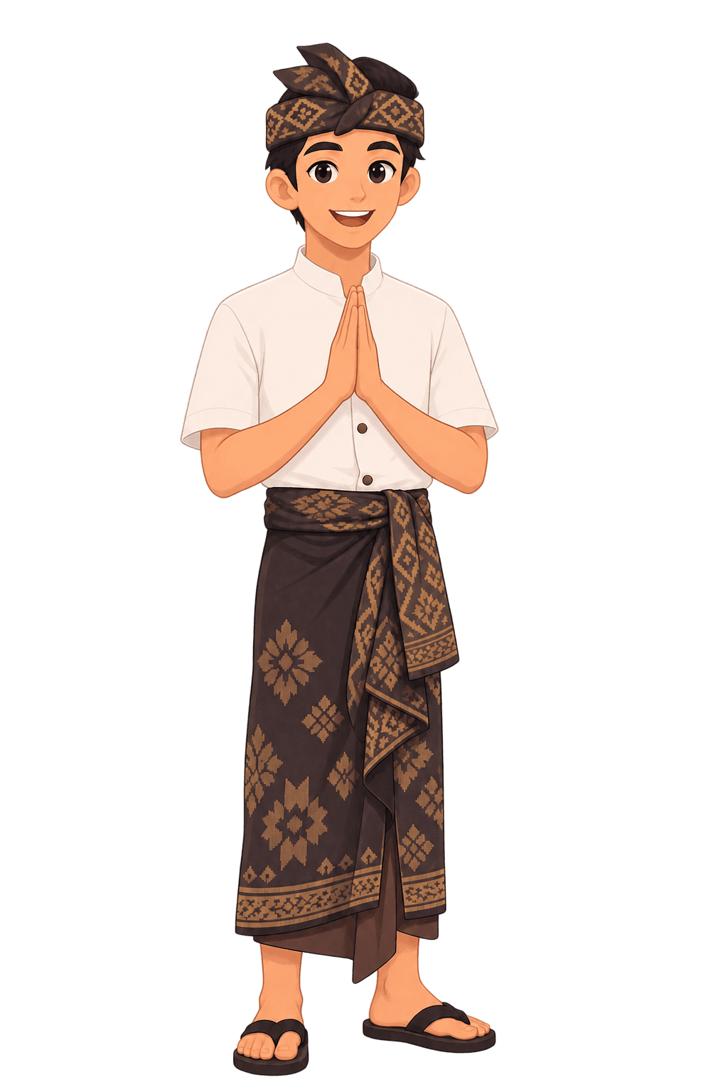 An illustrated young Balinese man with his palms pressed together in a respectful greeting.