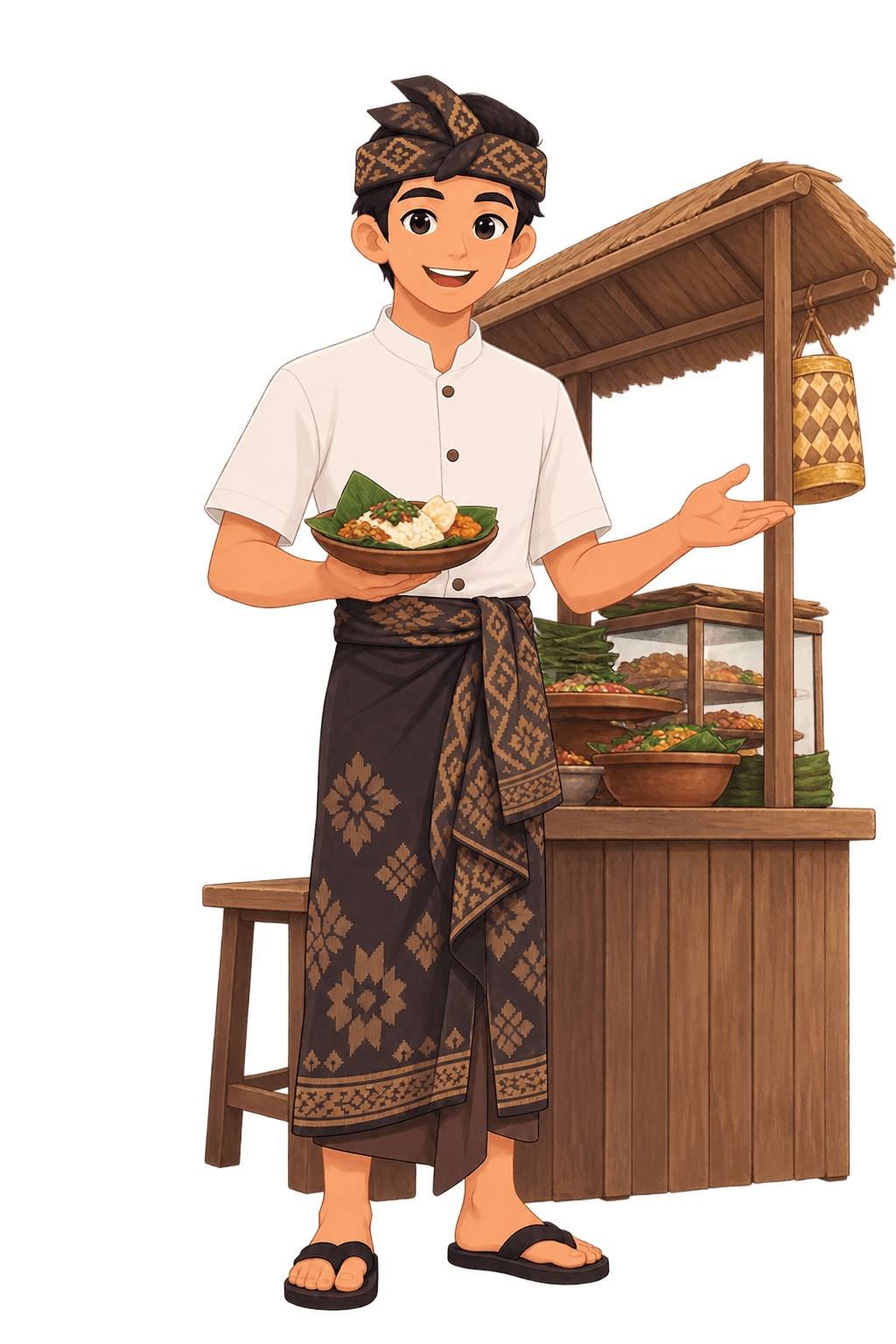 An illustrated young Balinese man holding a plate of rice and side dishes beside a wooden warung counter.
