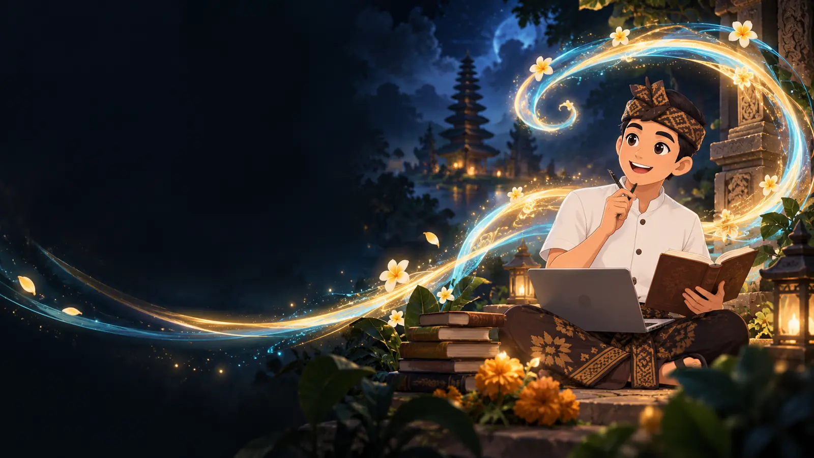 An illustrated Balinese student sitting cross-legged in a temple courtyard at night with a laptop and a book, surrounded by ribbons of light and frangipani.